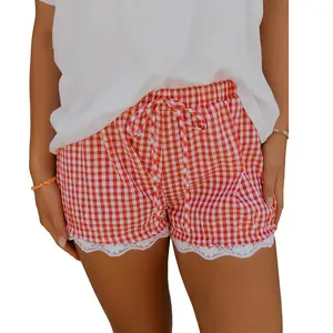 Znacicc Women's Red Gingham Plaid Shorts Tie Waist Lace Trim Casual Bottom Ideal for Vacation Weekend Outings Coffee Dates Cute Flirty Design - Womenswear