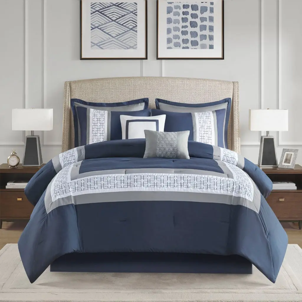Queen Size 8-Piece Hotel Style Bedding Set - 5DS10-0277 360 Stand 510 Design Powell Embroidered Navy Comforter, 90x90x1.5in Hypoallergenic Fill Decorative Bed Set, Decorative Bedding Set