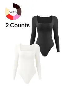Women's  Long Sleeve Crop Body Shaper Shapewear Bodysuit, Chic Thong Design, Square Neck Fit Slimming Tummy Control, Ladies Underwear & Shapewear