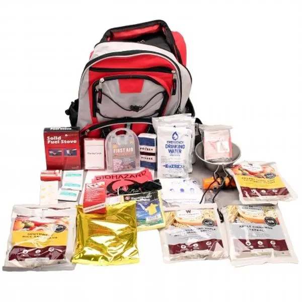 WISE 5-Day Survival Emergency Backpack for 1 Adult, Red Unisex Kit with 32 Gourmet Food Servings, Portable Stove, Water & First Aid, Mylar Blanket, Playing Cards, Emergency Kits, Stainless Steel Cup