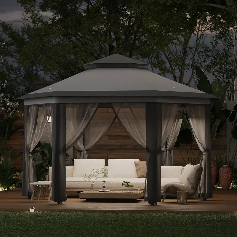 【Labor Day Sale】13' x 13' Pop-Up Gazebo Canopy Tent with Zippered Mesh Sidewalls and Carrying Bag, Event Tent Shelter for Patio Garden Backyard, Dark