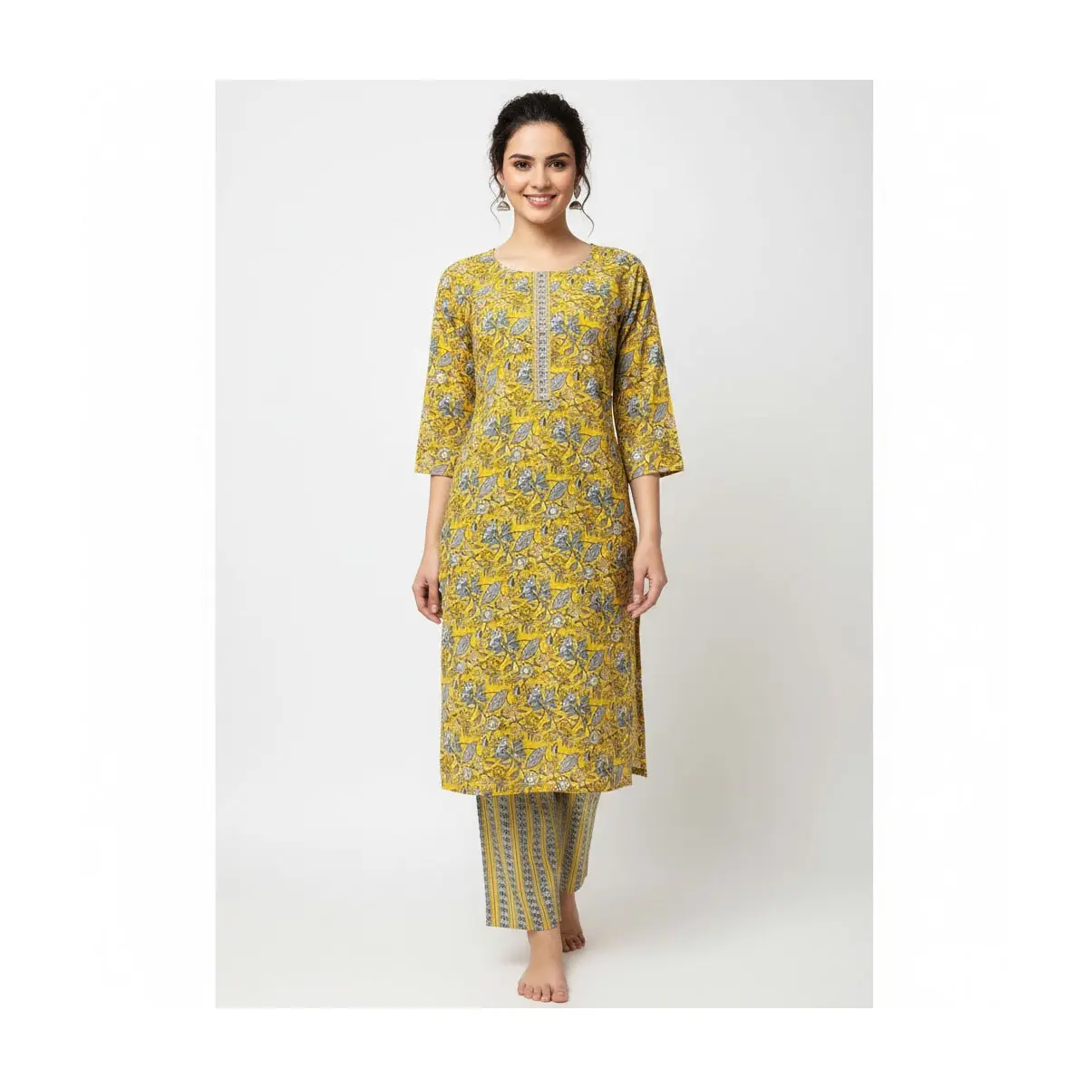2PS-8 Mustard Floral Kurtha with Striped Salwar 2-Piece Set for Women Sizes 36-44 Elegant Comfortable Outfit