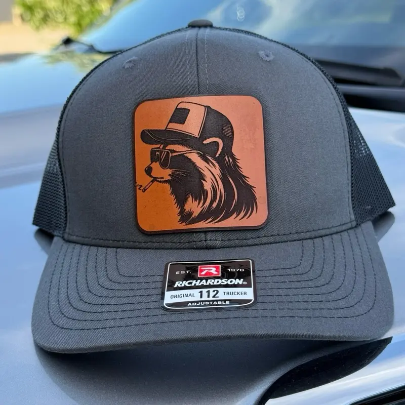 Richardson 112 Unisex Casual Adjustable Snapback Trucker Cap - Funny Hat with Trash Panda Art Leather Patch, Statement Piece Quirky Raccoon Accessory
