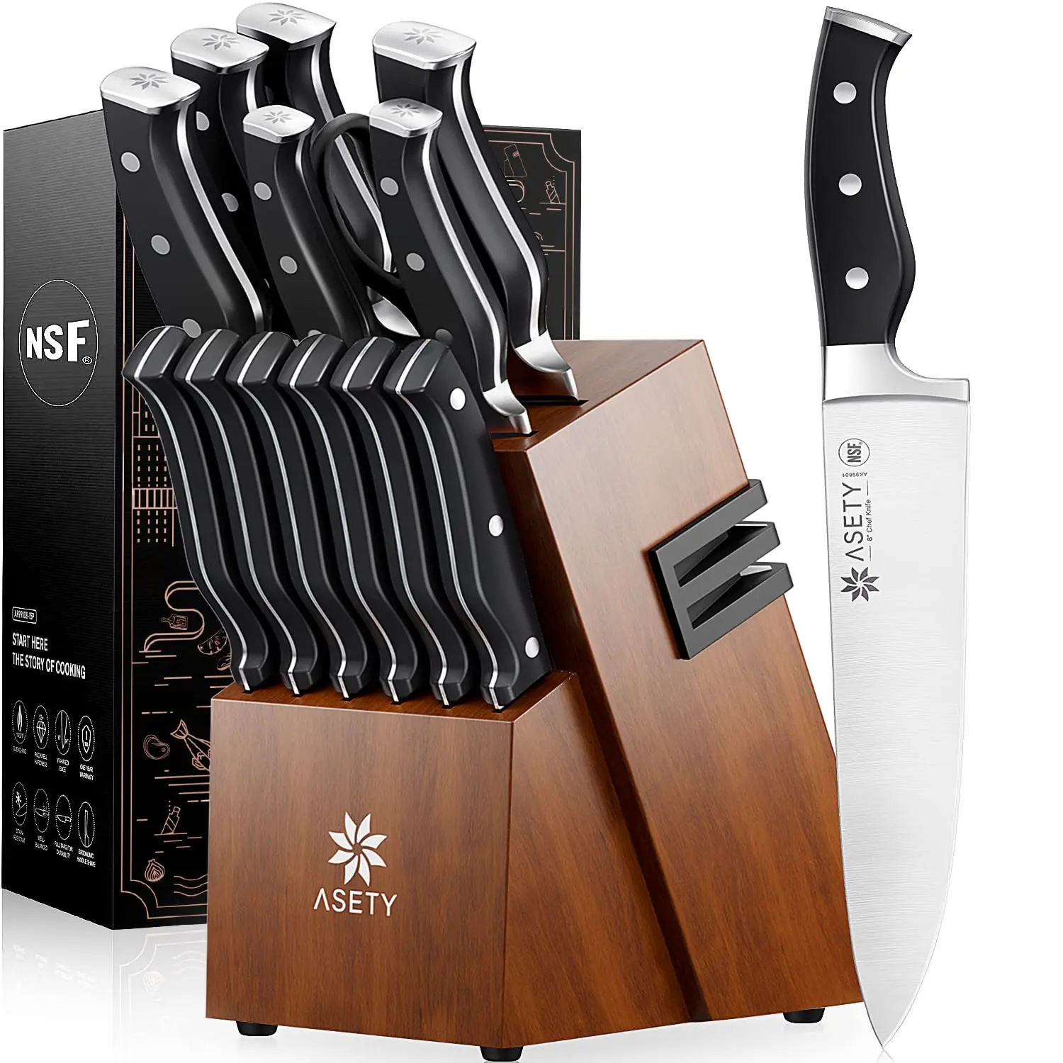 ASETY 15 PCS Kitchen Knives Set with Block NSF Built-in cooking Knife Sharpener Block German Stainless Steel Knife Block Set Full Tang professional Chef Knife Set Food sharp steak knife Meat Boning set for men's box gift Wooden Block Handles Holder, Cutti