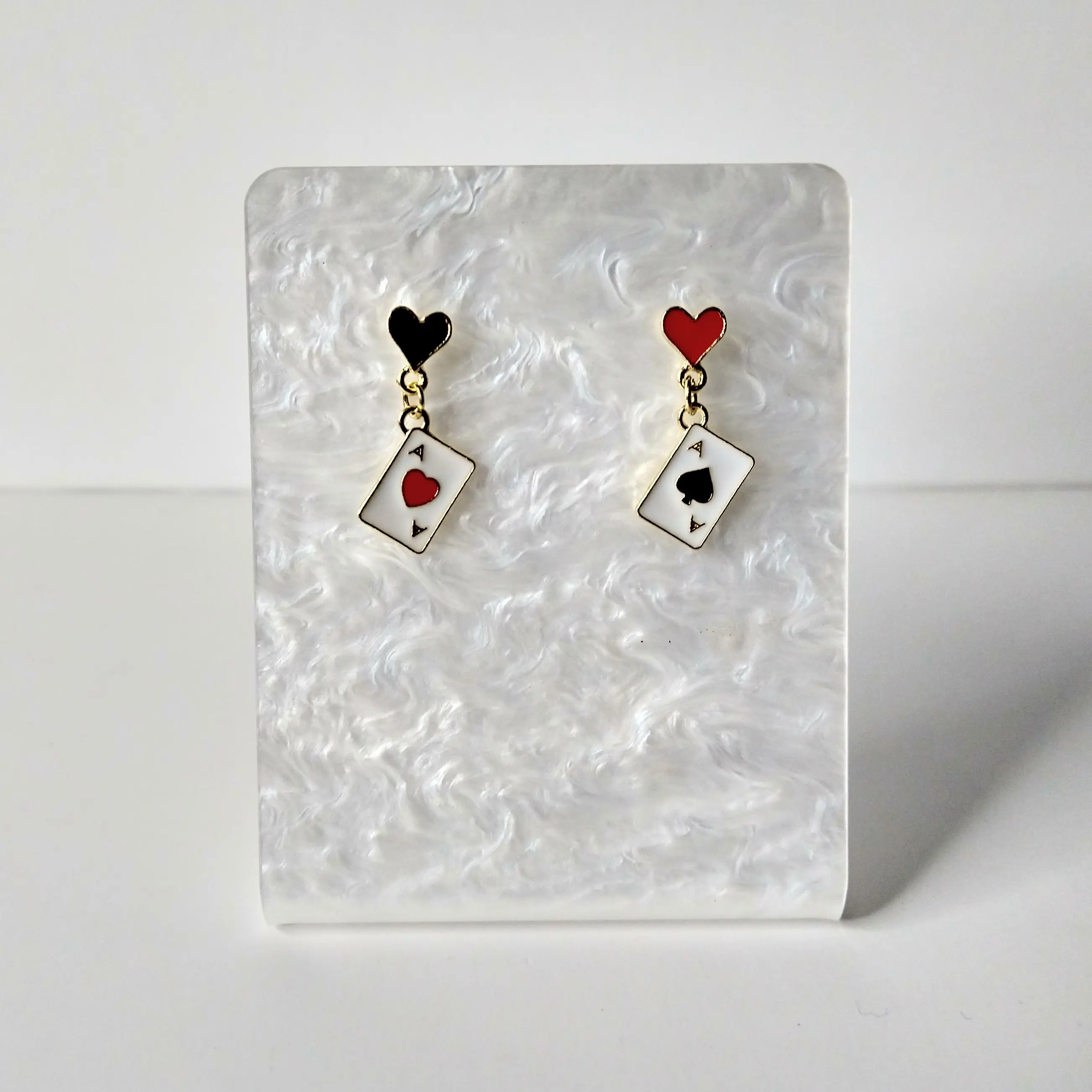 #302 Asymmetrical Aces of Heart & Spade with Red or Black Heart Stud Earrings- Casual Card Game Poker Jewelry