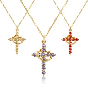 Birthstone Crown Cross Necklace, 14K Gold Plated Cubic Zirconia Pendant Necklaces, Religious Simple Cute Gifts for Christian
