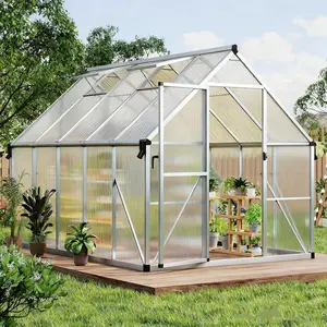 8X16 FT Greenhouse, Heavy Duty Aluminum，Large Walk-in Polycarbonate Greenhouse with Roof Vent and Ground Nails / Lockable Push Door / Aluminum Frame for Backyard, Garden, Patio, Black