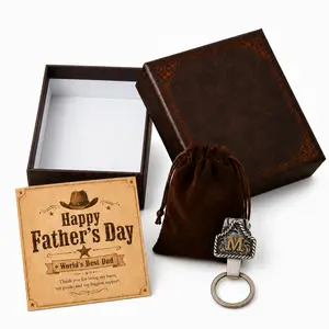 Western Initial Keychain Clip for Dad, Custom A-Z Letter Cow Tag Key Holder, Father’s Day Gift Set with Box & Bull Head Keychain outdoorfun