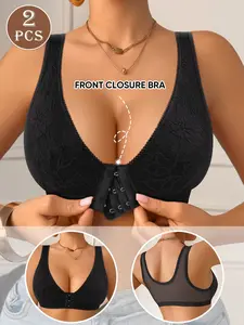 2-Pack Front Closure Bra, Max Support Slim-Fitting Wireless Bra, Casual Unlined 3/4 Coverage, All Seasons Plain Pattern