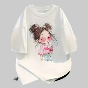 Women's Cute Cotton Casual Round Neck Oversized Cartoon-Printed Short-Sleeve Tee, Breathable Loose-Fit Top for Summer, Women's Clothes summerwins