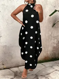Women's Plus Size Maxi Dress Polka Dot Halter Neck Zipper Sleeveless Draped Baggy Flowy Casual Loose Dress Casual Summer Vacation Boho Bohemian Beach Outfits Trendy