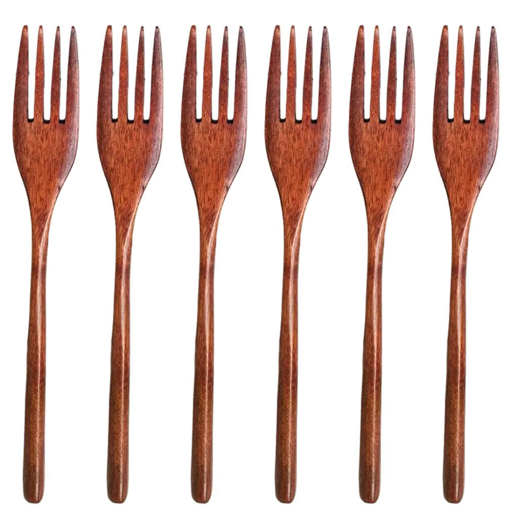 6 Packs Eco-friendly Japanese Wood Salad Dinner Forks, 8.8 Inches Wooden Forks Set, Reusable Handmade Natural Wood Flatware Set for Eating Cooking Stirring