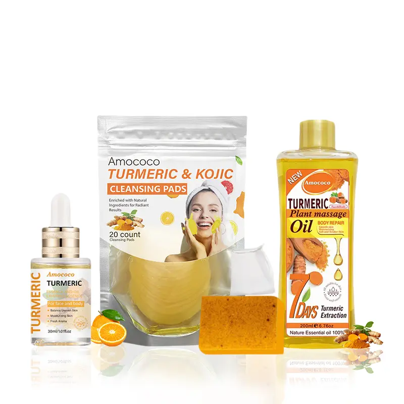 All good products in the turmeric skin - beautifying series: four - piece set, facial essential oil, soap, cleansing tablets and massage oil