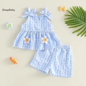 2Pcs Clothes Set Toddler Girl Summer Outfits Flower/Avocado Embroidery Plaid Bowknot Sleeveless Tank Tops Elastic Waist Shorts