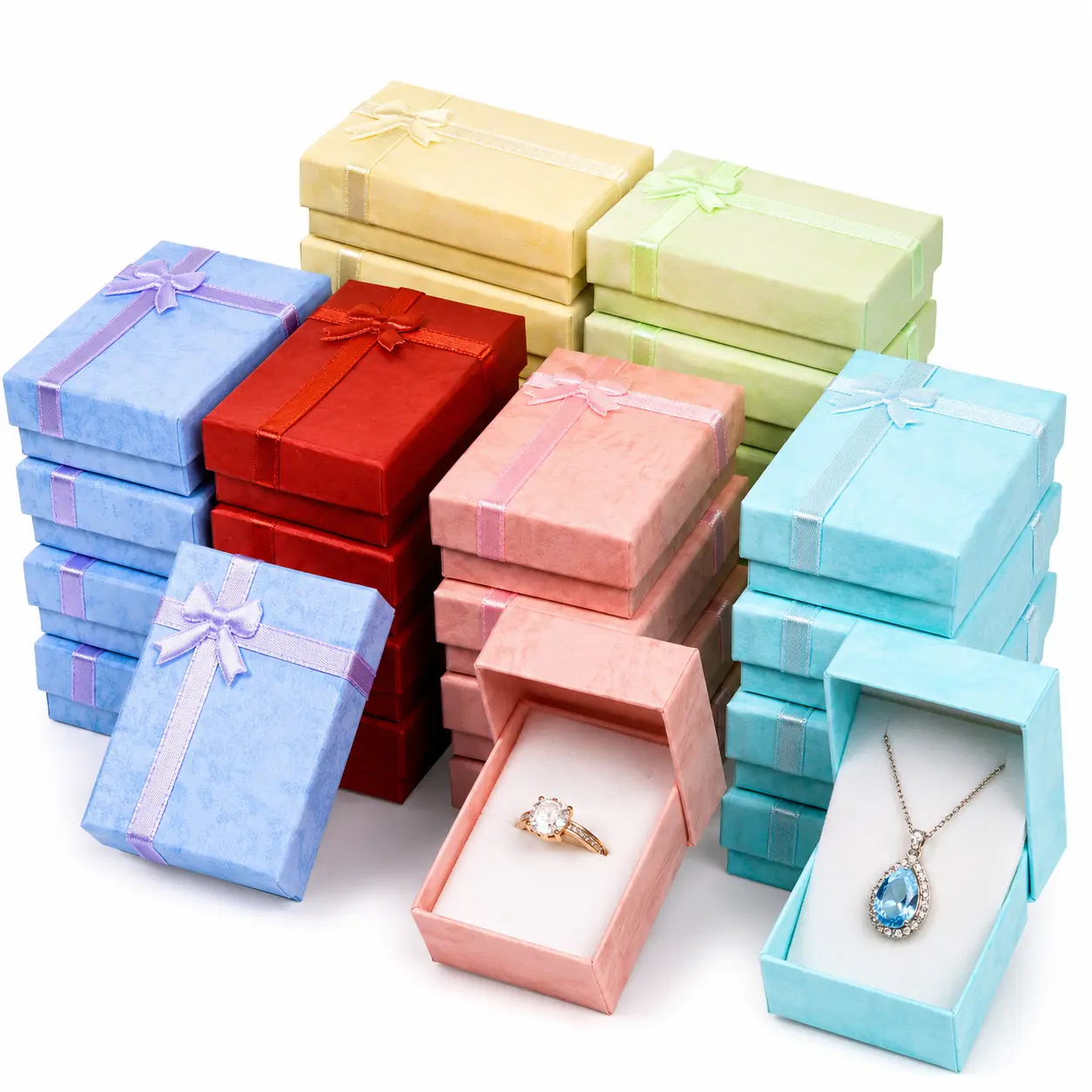 24-Piece Decorative Cardboard Jewelry Gift Pack - 3.2x2.0x1.1in Portable Colorful Organizer with Velvet Pad, Ribbon Tie for Rings, Pendants, Earrings, Jewelry Display - Ideal for Anniversaries, Weddings