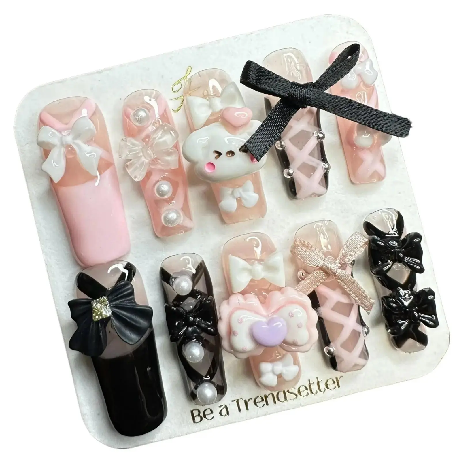 W42 Square tube cute bow cartoon removable press on nails, Nail Art Design, Press On Nail Sets