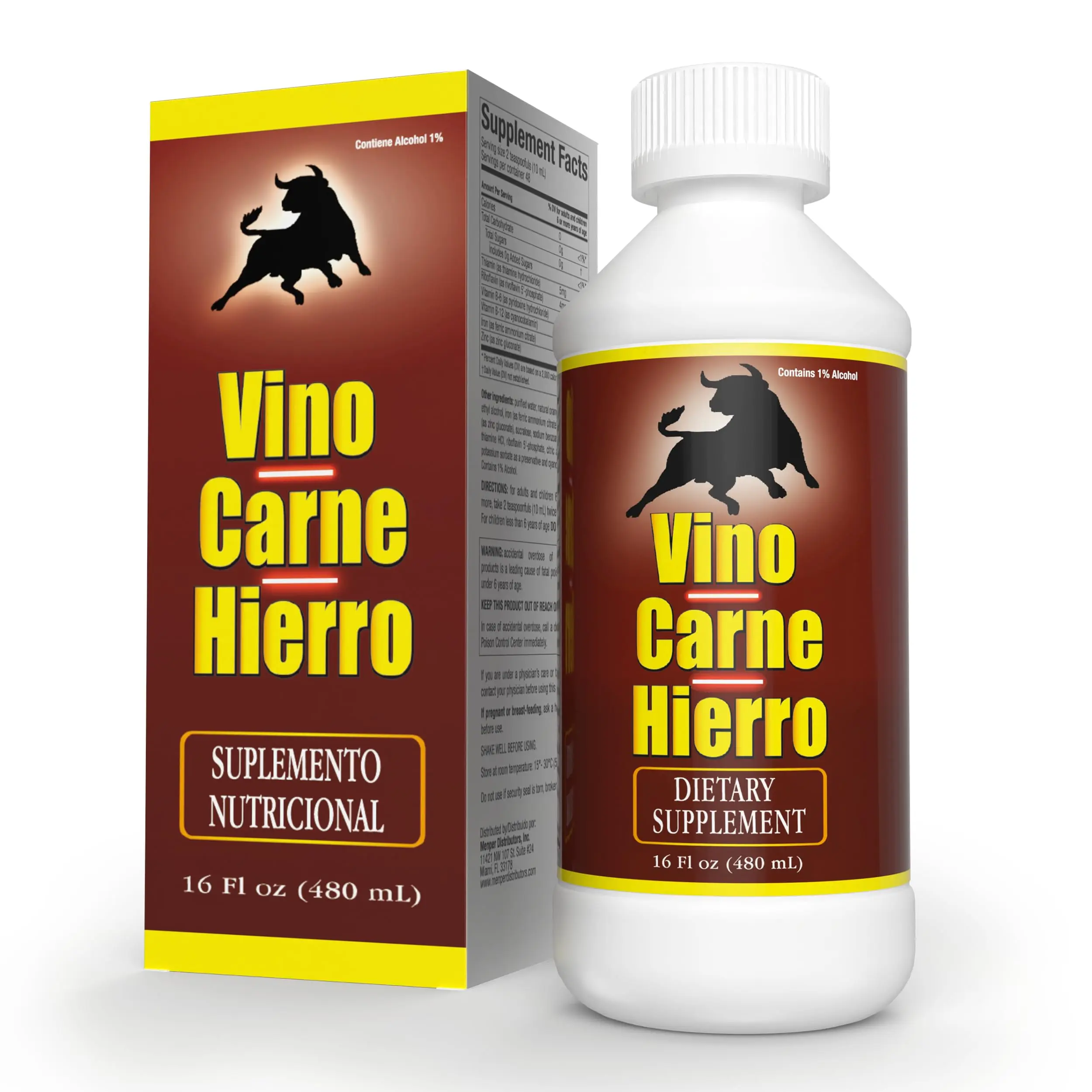 VINO CARNE HIERRO Edible Liquid Dietary Supplement - B12-Infused, Iron, Essential Minerals, Energy Focus Support, Oxygen Transport, Sugar Cane, Caramel Color, Ethyl Alcohol, 16 Fl Oz