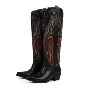 【Modatope】 Cowboy Boots for Women Knee High Chunky Heel Butterfly Cowgirl Boots Wide Calf Pointed Toe Chunky Heel Fashion Western Boot