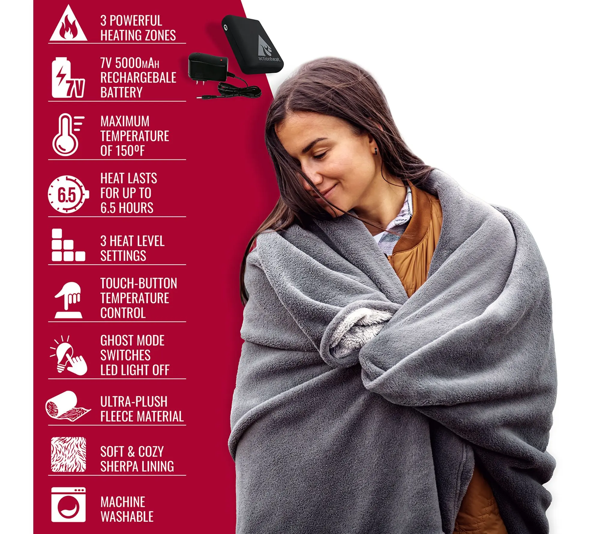 ActionHeat 7V Battery Heated Plush Throw Blanket ActionHeat 7V Battery Heated Plush Throw Blanket