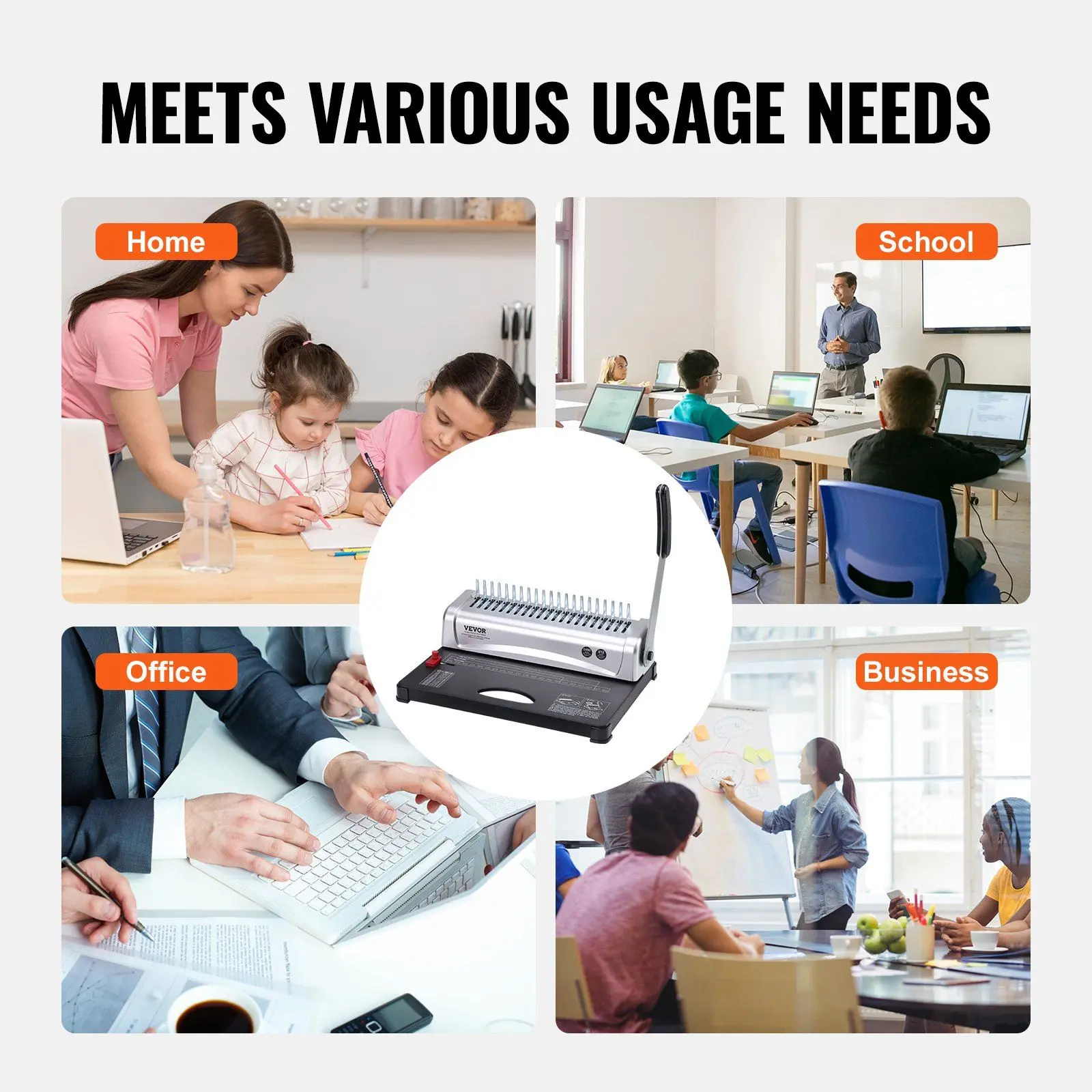 VEVOR Comb-Type Office Binding Machine - 21-Holes, 450-Sheet Large Capacity, Adjustable Margins, Handle Lever Press Easy Operation, 100 PCS 3/8-in Spines, Fits Letter/A4/A5 Paper, Improves Business Binding Efficiency