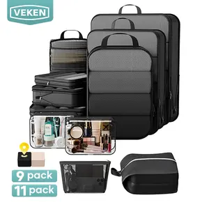 [Veken] 9/11Pcs Compression Packing Cubes, Life-Saving Expandable Travel Organizer Bags, Cut Half Your Luggage Mess, Durable Space Saver Pouches with Extra Toiletry Bag for Trip Clothing