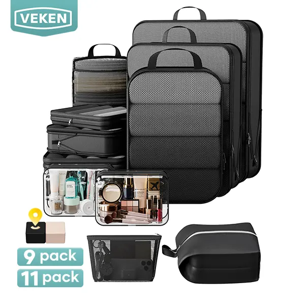 [Veken] 9/11Pcs Compression Packing Cubes, Life-Saving Expandable Travel Organizer Bags, Cut Half Your Luggage Mess, Durable Space Saver Pouches with Extra Toiletry Bag for Trip Clothing