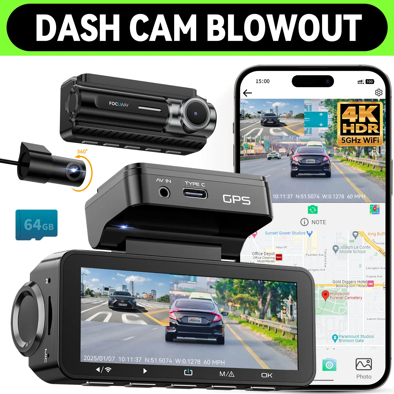 【BLOWOUT】FocuWay D2 Duo Dash Cam Front Rear 4K Resolution Built-in GPS 5GHz WiFi 3.39 IPS Screen Voice Control 64GB SD Card Super Night Vision 24H Parking Monitor side  camera channel Full Touch Screen Dual Dash Cam automotive dashcam