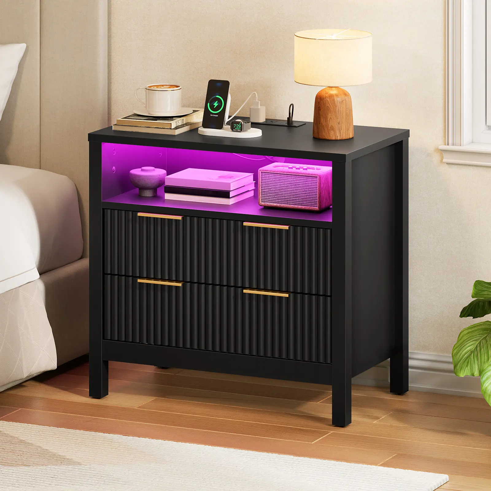 HOOBRO Wide Nightstand with Charging Station, LED Light Strip Night Stand with 2 Drawers, Wooden Bedside Table, Wave Front Side Table for Bedroom, Black #SummerVibes