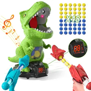 Dinosaur Shooting Toy with Movable Target LED Lights Sound Effects 2 Pump Air Launchers 48 Foam Balls Score Recording for Kids Outdoor Fun  Birthday or Christmas Gift