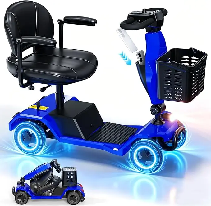 Mobility Scooter,4 Wheel Foldable Mobility Scooter,Electric Mobility Scooter for Adults & Seniors,15 Miles Range, 300-330 lbs Capacity,LED Headlight & Dual Baskets,Ideal for Travel (Blue)