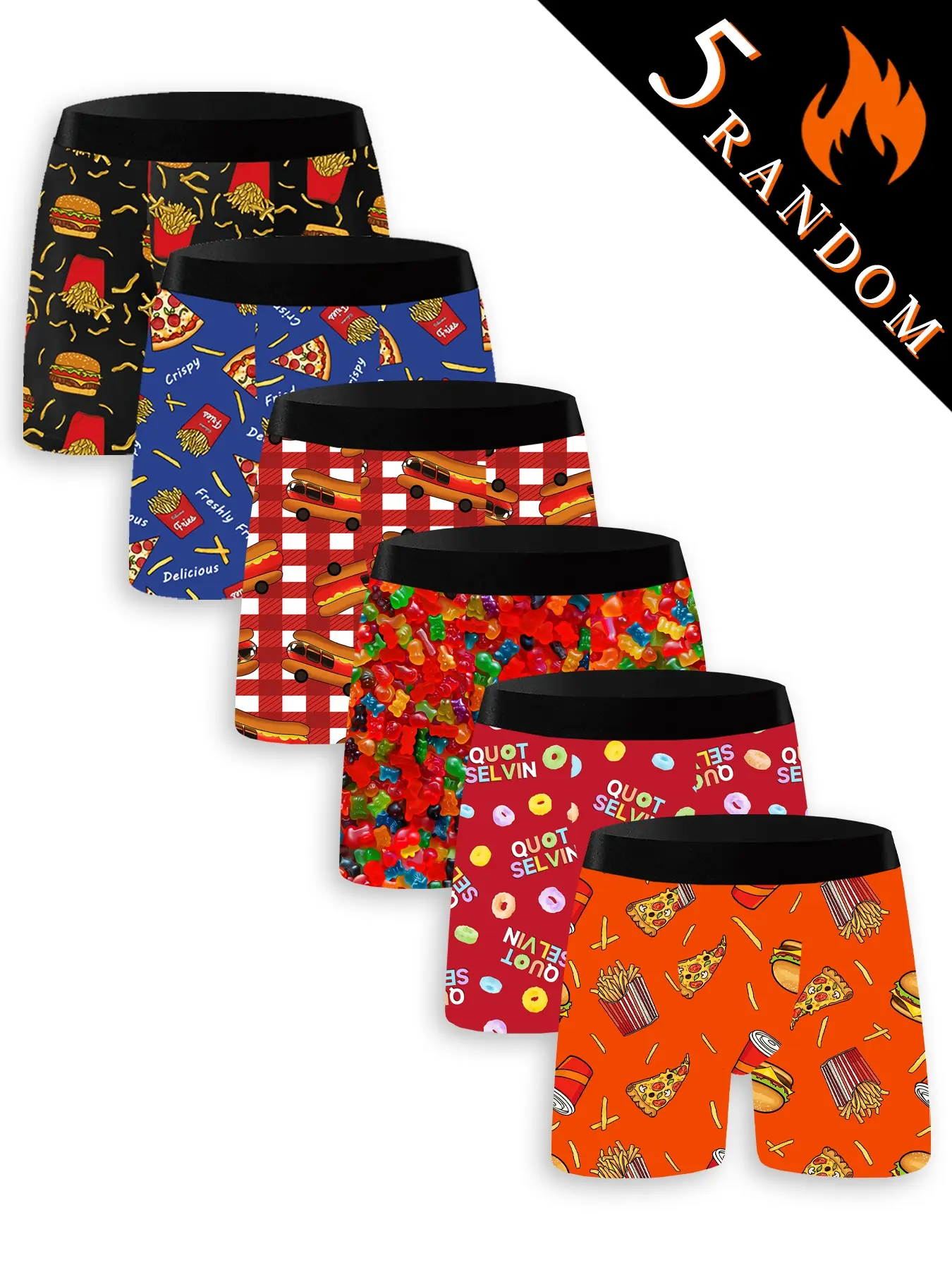 5 Random Men's, Fun Food Festival Style, Comfortable Stretch Fabric, Soft Skin-Friendly Fit for Relaxed Home Wear, Print Boxershorts, Printed Underwear, Underwear Boxers