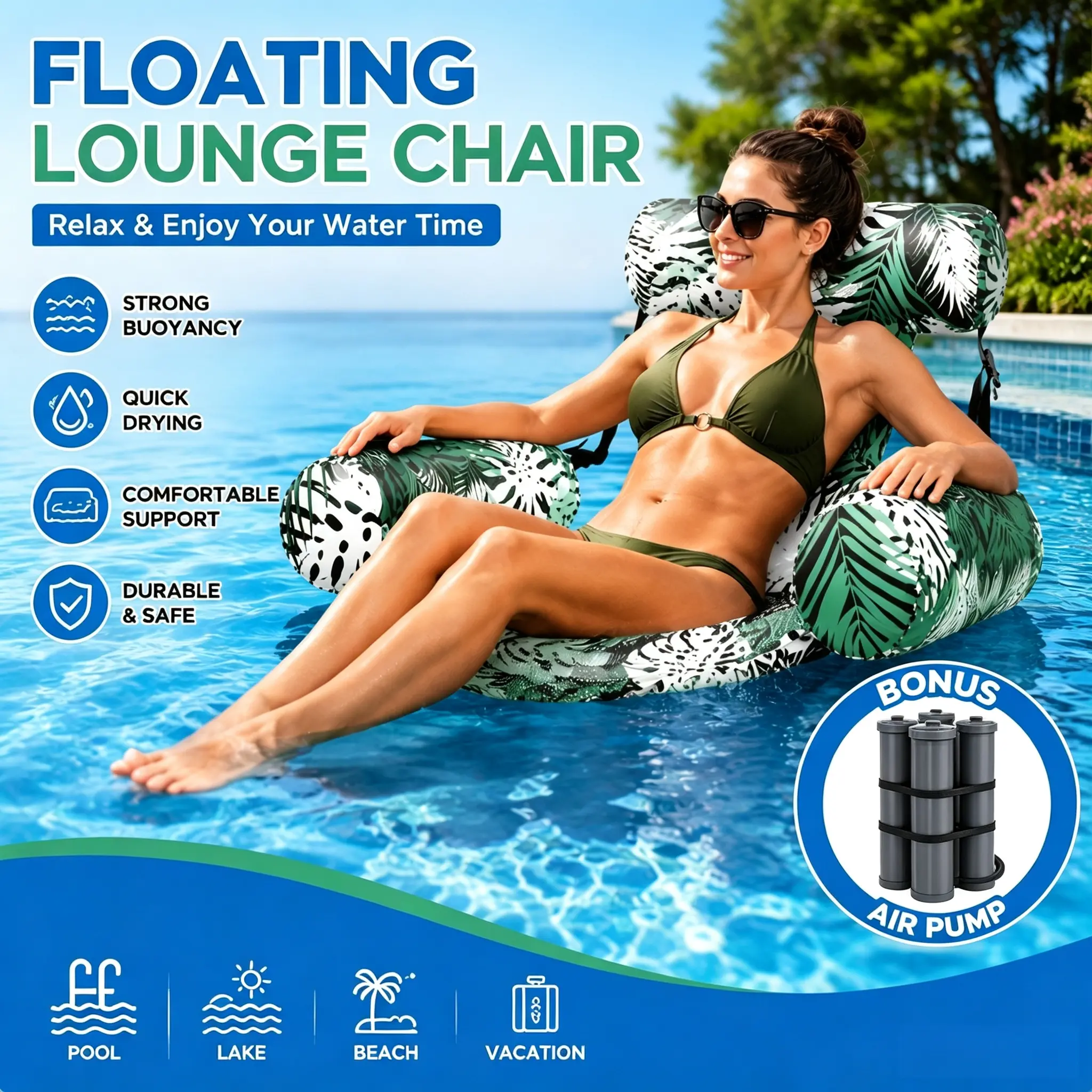 1Pack Set of 2 Leaf Pattern Inflatable Lounge Chairs - Adult Pool Float, Convenient Summer Beach Float for Pool Parties, Lakes, And Beaches
