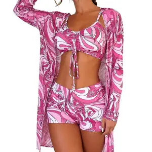 Women's Tie Dye Print Ruched Bikini 3 Piece Set, Long Sleeve Open Front Cover Up, High Waist Swim Shorts & Drawstring Top, Fashion Summer Casual Swimwear