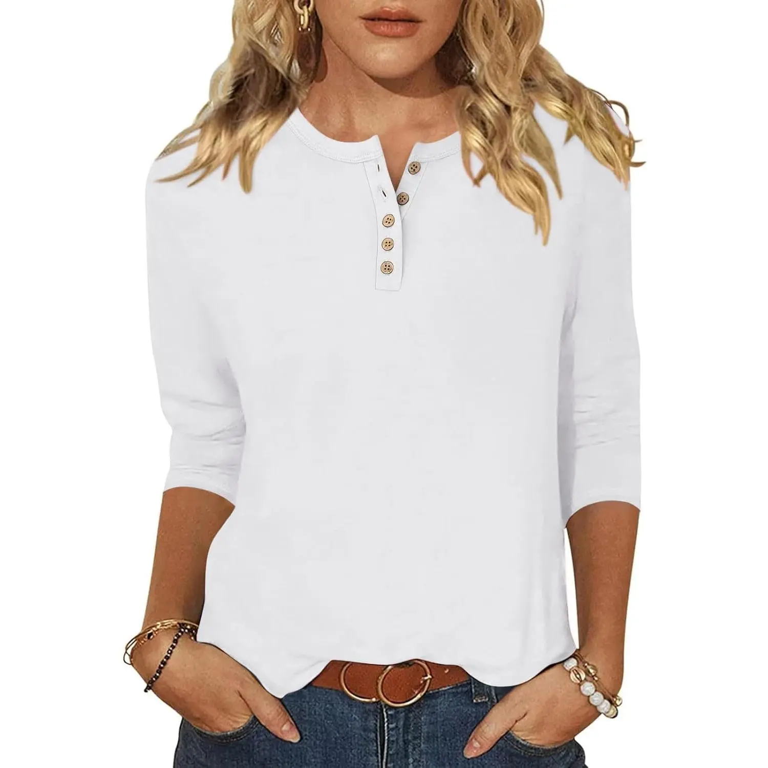 ANRABESS Womens 3/4 Sleeve Tops Henley Shirts Casual Trendy Button Front T Shirts 2026 Summer Basic Tunic Fit Fashion