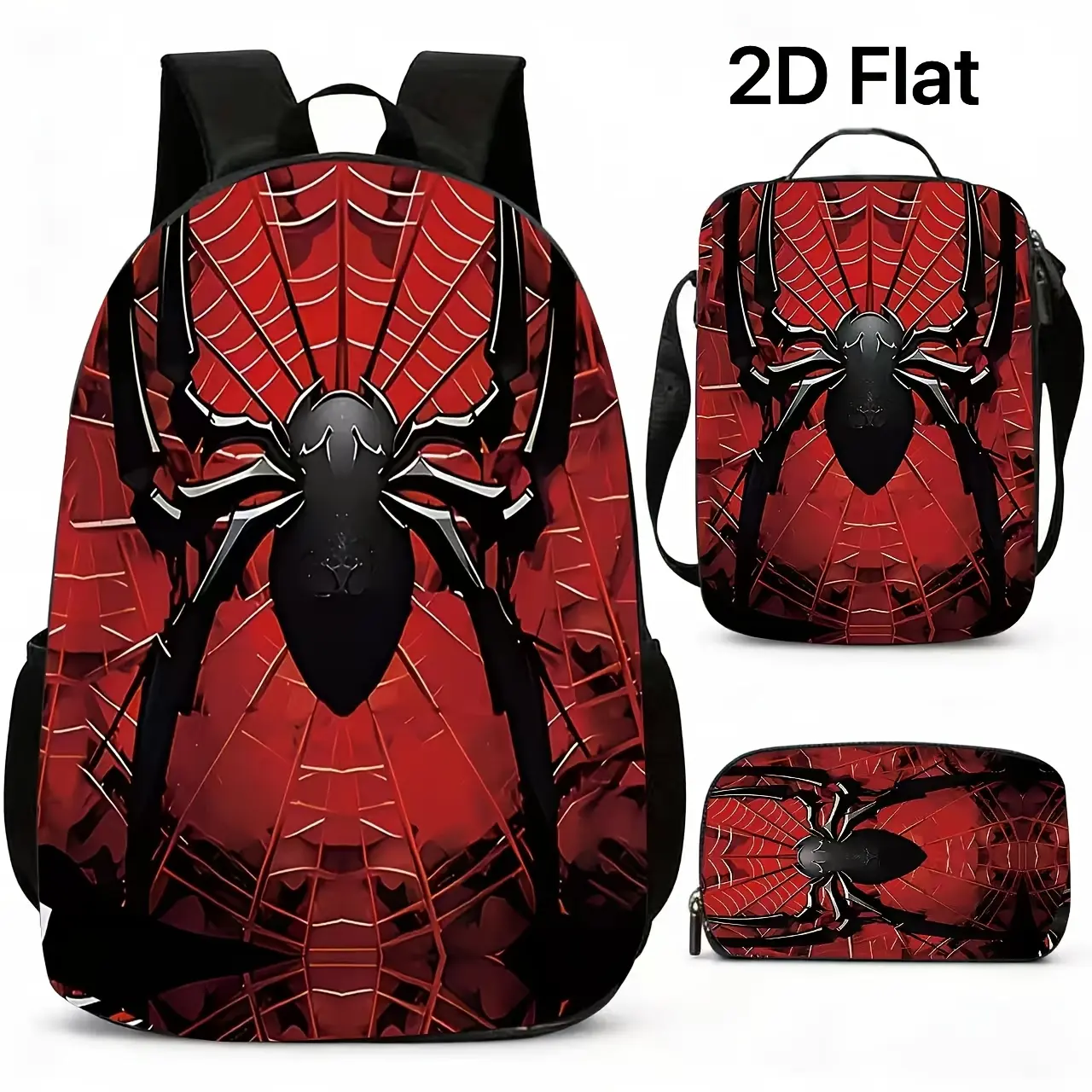 Kids' Unisex 3-Piece Superhero Spider Motif Backpack Set - Insulated Lunch Box (Lunch Stays Fresh), Pencil Case, Bold Red & Black, 15-In Laptop Fit, Mesh Back Airflow, Side Mesh Pockets, Zipper Closure, Back to School Use