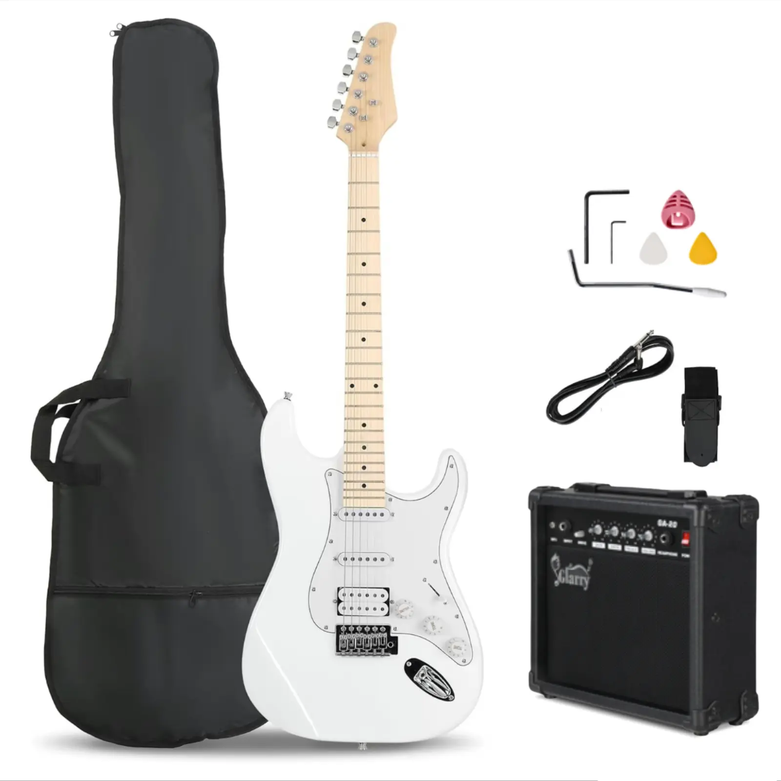 Glarry 39-Inch Full-Size Electric Guitar Kit for Beginners - HSS Pickups 6-String Solid-Body, Amplifier, Bag, Strap, Cable, Guitar Tremolo Arm & Accessories (White)