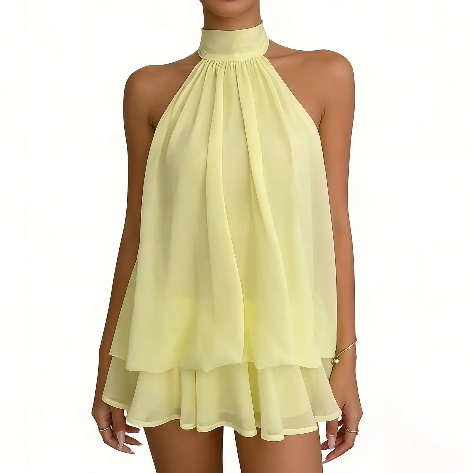 Women's Minimalist Solid Open-Back Halter Dress with Elegant Ruffle Hem, Casual All-Season Fashion Mini Dress