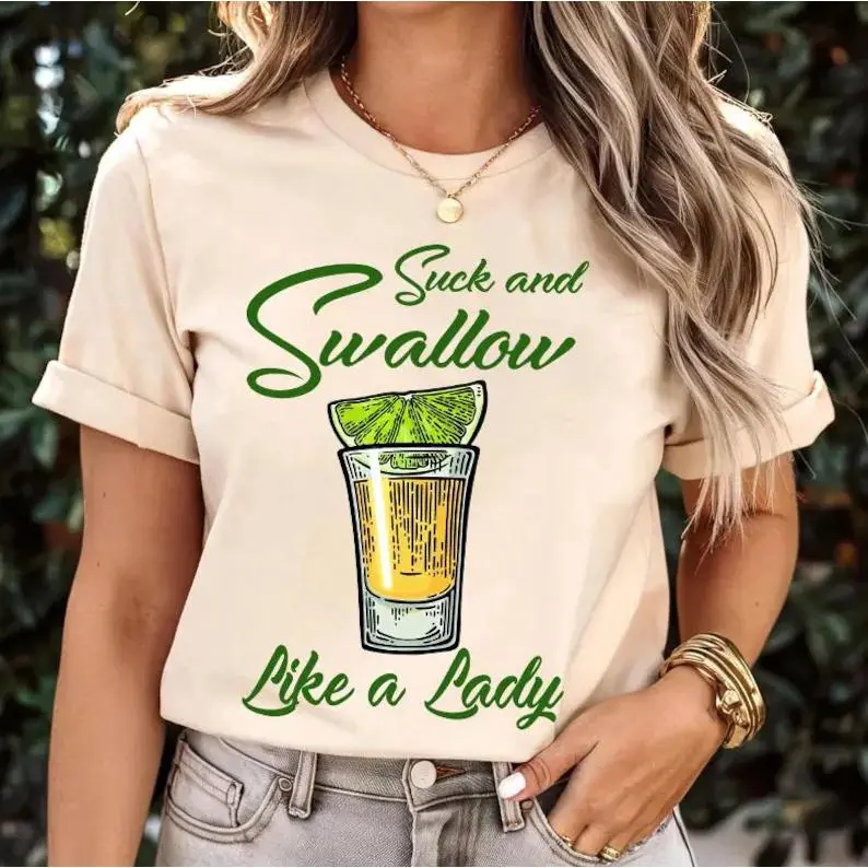 Women's Casual Cotton Short-Sleeve Solid Tops - Raunchy Unhinged Bachelorette Tees with "Suck and Swallow Like a Lady" Design, Shortsleeve