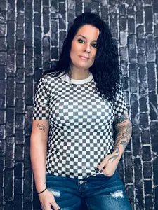 Checkered short sleeve crew neck mesh top STERLING KREEK