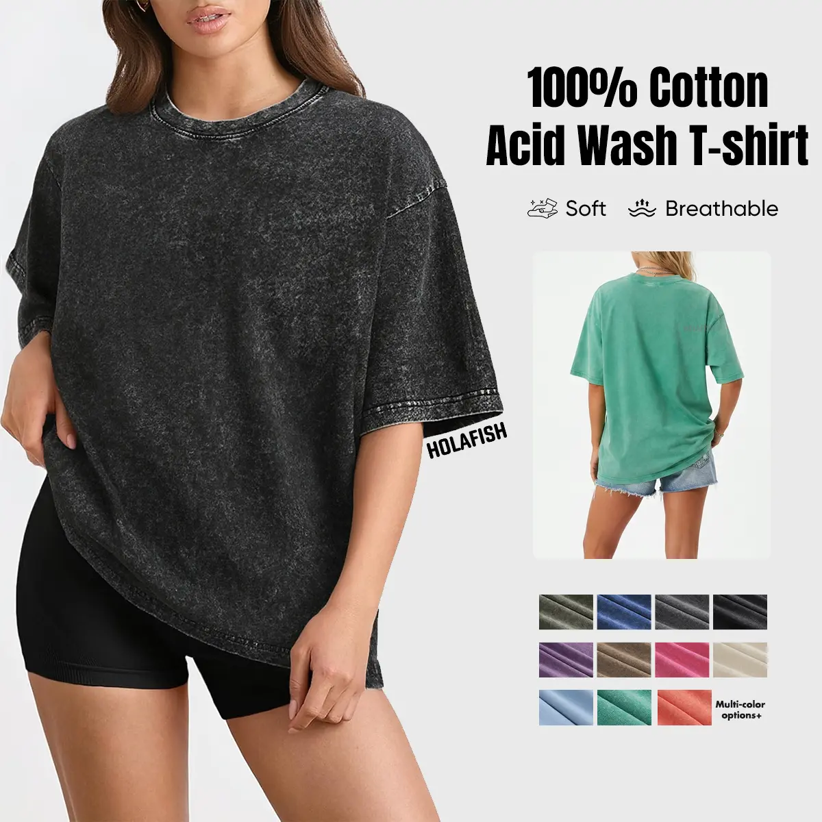 Holafish Women's Vintage Acid Wash Short-Sleeve Tee, Soft Cotton Oversize Drop-Shoulder Crew Neck Pullover Top, Casual Baggy Streetwear for Outdoors, All Seasons (Do Not Bleach)