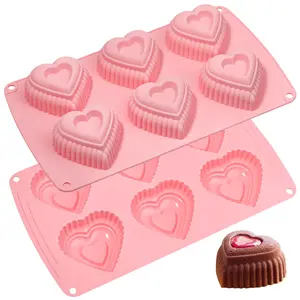 Silicone Heart Cake Mold Tiered Mini Heart Shaped Cake Pans, 6-Cavity Heart Bunt Cake Molds Muffin Pan, Pack of 2 Set Baked Tin
