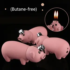 (Butane-free) 1pcs Cute pink pig-shaped lighter, dual-flame direct-injection metal lighter, adjustable flame size, refillable, portable lighter, the perfect gift for a lady.