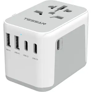 TESSAN Universal Travel Adapter, International Power Adapter 5.6A 3 USB C 2 USB A Ports, Travel Worldwide Plug Adaptor, Outlet Wall Charger for Europe UK EU AUS (Type C/G/A/I)