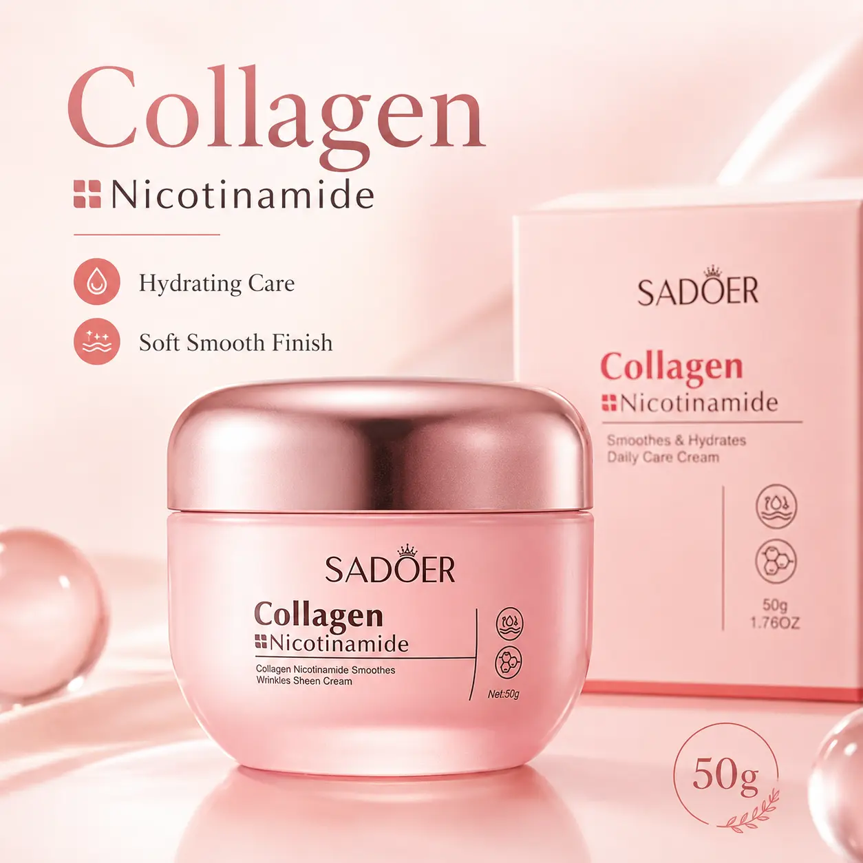 SADOER Collagen Niacinamide Face Cream 50g, Daily Hydrating Moisturizer with Glycerin and Collagen, Lightweight Velvety Formula for Soft, Smooth, Radiant-Looking Skin, Helps Improve the Look of Dryness, Dullness and Fine Lines