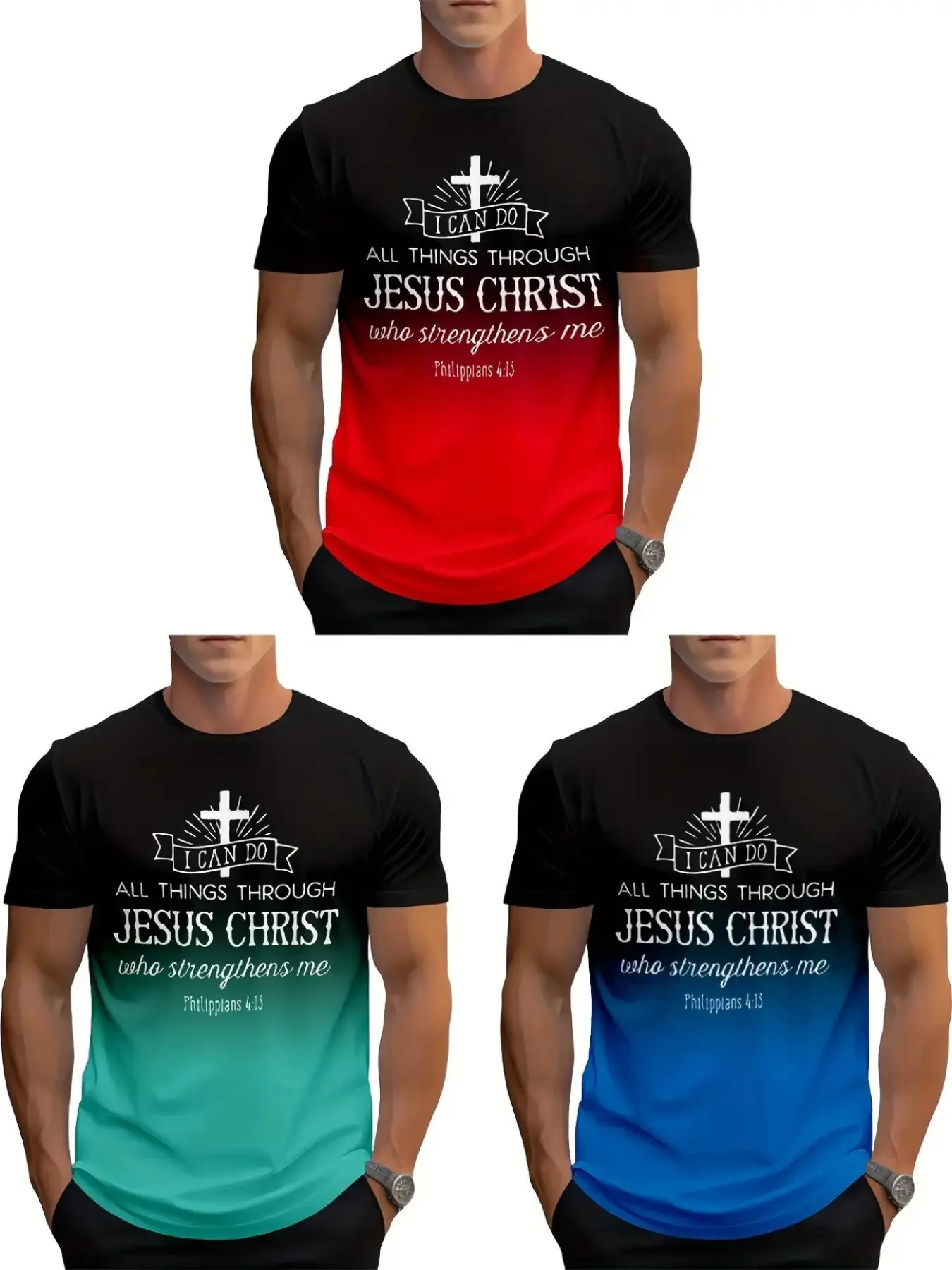 3-Pack Men's Christian Cross & Jesus Pattern Classic T-Shirts, 3D Print, Round Neck, Short Sleeve, Casual Style Tee, Menswear, Ideal Gift Set, Top