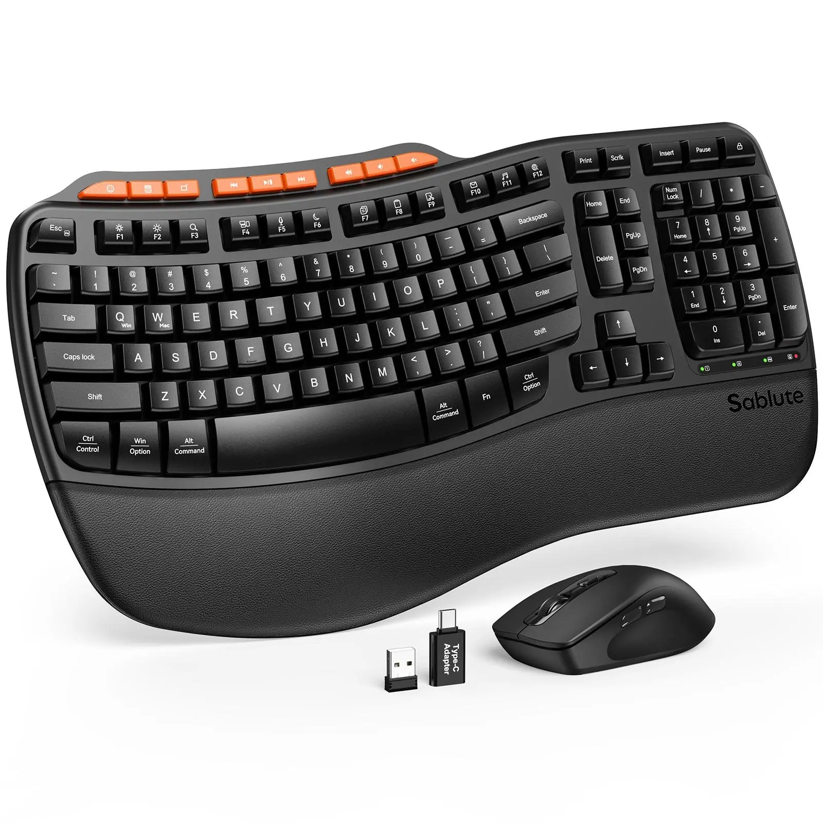 Ergonomic Wireless Keyboard and Mouse Combo, 2.4G Full Size Wave Key board with Cushioned Palm Rest, Natural Typing, 3 DPI Adjustable Mouse, USB-A & C for Computer/Laptop/Mac/Tablet - Sablute MA31
