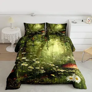 Feelyou Cute Mushroom Forest Bedroom Bedding Set - Multi-Size Decorative Nature Print Duvet Set with Daisy Leaves, Branches, Sunset Prints, Quilted Comforter for Cute Style Bedding