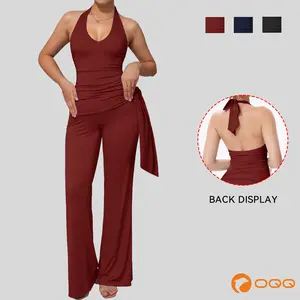 OQQ Women’s Halter Deep V Neckline Backless Wide-Leg Jumpsuit for Outing & Casual Evening Events