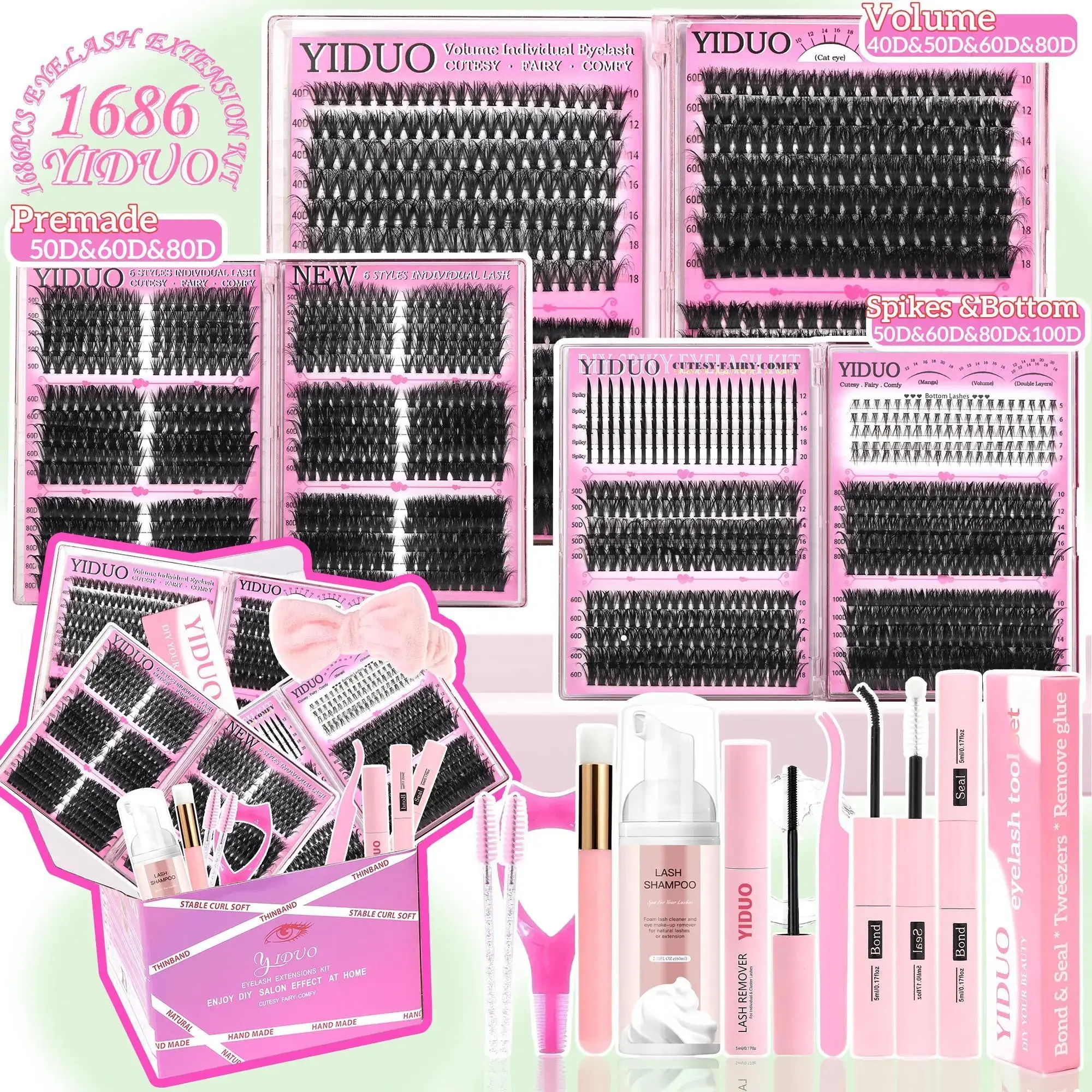 16 Styles Cluster Lash Kit, DIY Individual Volume Eyelash Extensions, Waterproof Mega Ultra Dramatic Spikes & Bottom Lashes, Soft Comfort Natural Look Easy to Apply Lash Set for Beginners & Pros Daily Makeup