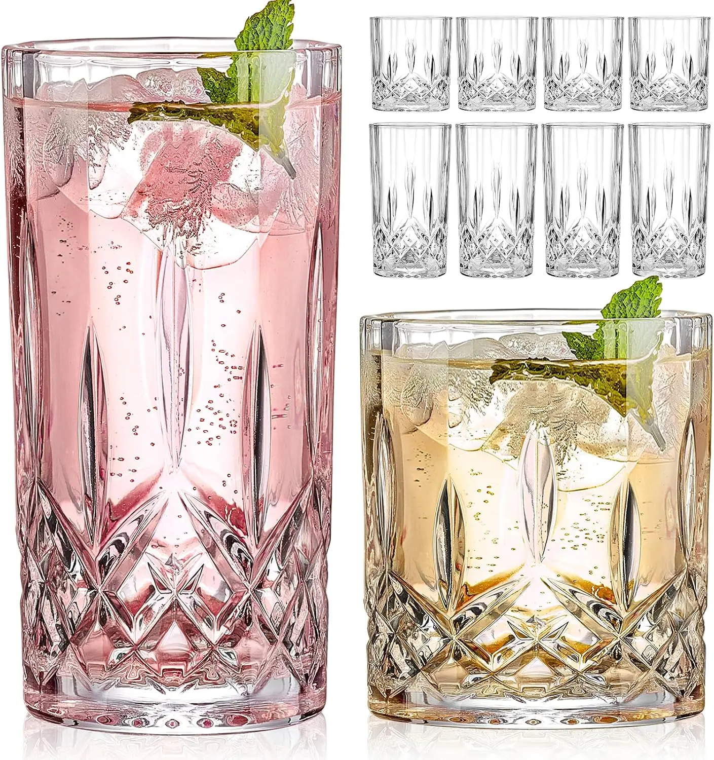 Thick Stylish Diamond Cut Lead-Free Crystal Cut Glasses Set - 8-Piece Drinkware, 4×11oz Highball, 4×11oz Rocks Glasses for Whiskey, Cocktails, Party Ready Home Dining